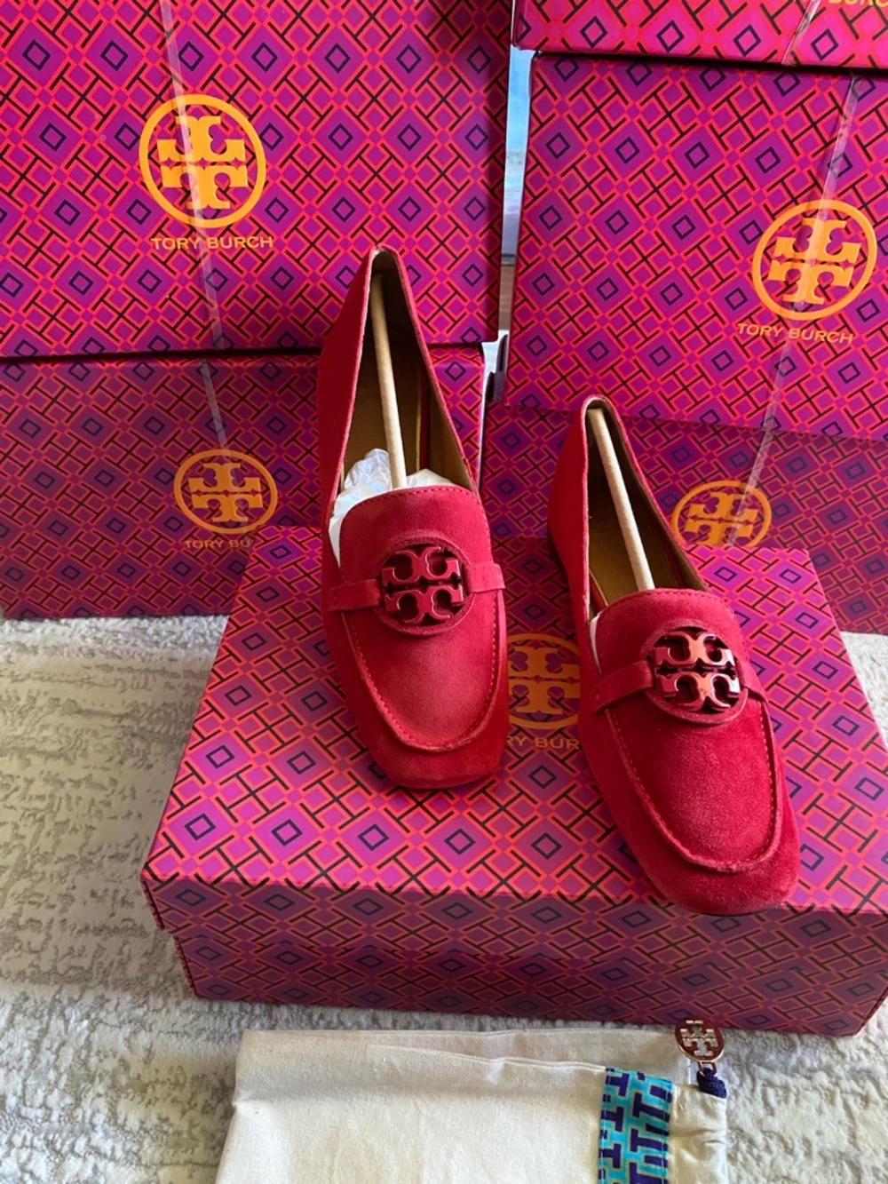 Tory Burch Red Suede Metal Miller Loafers